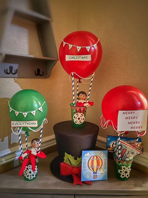 Balloon Elf On The Shelf Ideas, Elf On A Shelf Balloon Ideas, Elf On The Shelf Hot Air Balloon Arrival, Diy Elf Hot Air Balloon, Elf Im Back Ideas, Elf Hot Air Balloon Arrival, Elf On Shelf Hot Air Balloon, Elf Hot Air Balloon, Elf On The Shelf Hot Air Balloon