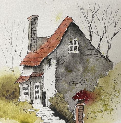 Watercolor Buildings, Land Scapes, Line And Wash, Watercolor House Painting, Watercolor Art Landscape, Cabin Art, Watercolor Architecture, Storybook Cottage, Watercolor Pictures