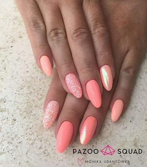 Coral Gel Nails, Coral Nails With Design, Fall Acrylic, Nails Art Ideas, Peach Nails, Chrome Nails Designs, May Nails, Coral Nails, Simple Acrylic Nails