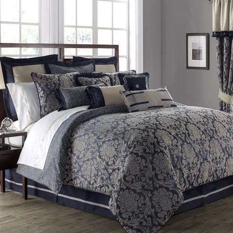 Sinclair 4 Piece Reversible Comforter Set Navy Comforter Sets, Navy Comforter, Waterford Bedding, Damask Decor, Blue Comforter Sets, Arabesque Design, Bed Linen Design, Down Comforters, Gold Bedroom