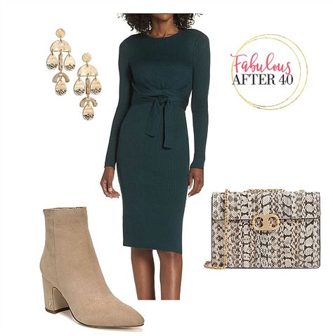 Green Sweater Dress With Boots, Green Dress Outfit Winter, How To Style A Sweater Dress, Sweater Dresses With Boots, Green Sweater Dress Outfit, Suede Booties Outfit, Ways To Style A Sweater, Grey Boots Outfit, Sweater Dress With Boots