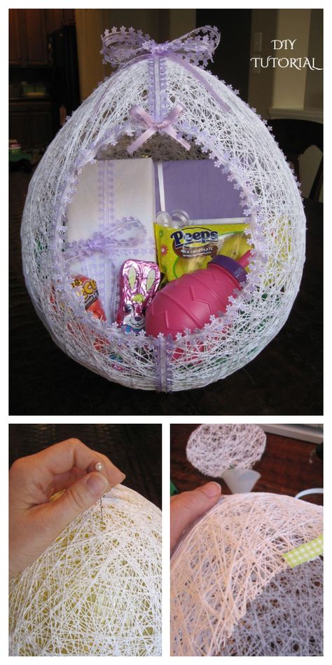 Easter Egg String Basket DIY Tutorial Using Balloon + Video - DIY Tutorials Yarn Easter Basket, String Easter Basket, String Balloons, Creative Easter Baskets, Easter Baskets To Make, Making Easter Eggs, Basket Diy, Easter Egg Basket, Kids Easter Basket