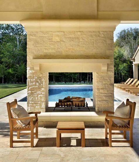 Beautiful view to the pool through the fireplace. Best of both worlds #water and #fire Side Fireplace, Outdoor Stone Fireplaces, Outdoor Fireplace Designs, Contemporary Patio, Patio Fireplace, Side Deck, Outdoor Stone, Pool Side, Backyard Living