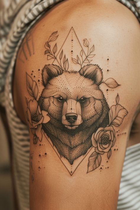 Fierce Bear Tattoo Ideas With Strong Symbolism Mama Bear Tattoo Ideas For Women, Bear Sketch Tattoo, Bear Tattoos Women, Floral Bear Tattoo, Line Bear Tattoo, Mom Bear Tattoo, Aaliyah Tattoo, Feminine Bear Tattoo, Bear Tattoo Ideas For Women