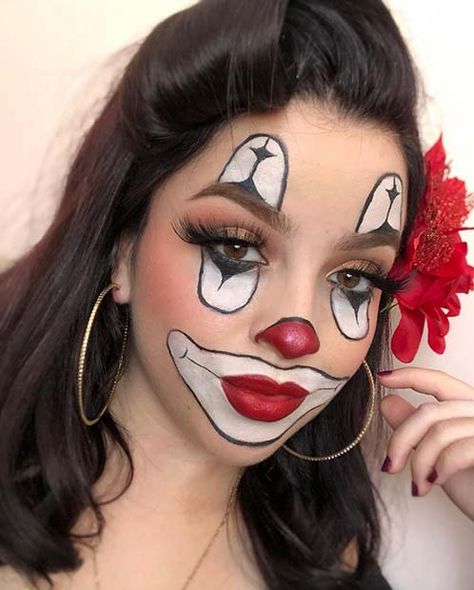 Makeup Ideas Halloween Clown, Clown Costume Makeup Cute, Simple Halloween Makeup Looks Clown, Happy Clown Makeup Women, Black And Red Clown Makeup, Glam Clown Makeup Halloween, Women’s Clown Make Up, Rodeo Clown Makeup, Killer Clown Makeup