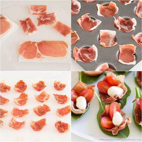 Prosciutto Cups- Step by step photo Prociutto Appetizers, Prosciutto Cups, Holiday Appetizer, Mini Muffin Pan, Holiday Menus, Food Info, Holiday Appetizers, Party Food Appetizers, Fresh Mozzarella