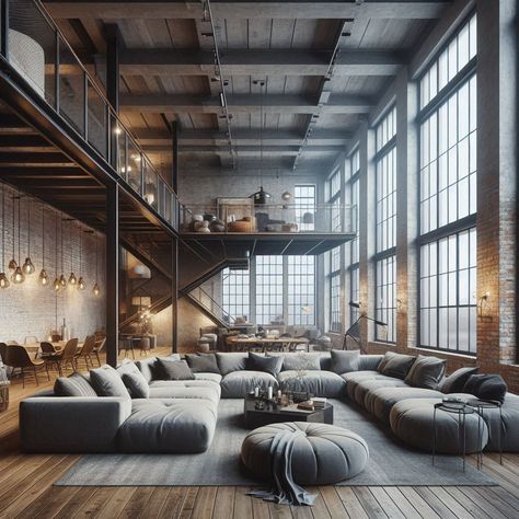 Open Loft Decorating Ideas Upstairs, Ny Loft Style Interior Design, Concrete Loft Apartment, Loft Above Living Room, Brick Loft Apartment, Loft Apartment Modern, Industrial Loft Living Room, Loft Decorating Ideas Upstairs, Modern Loft Living Room