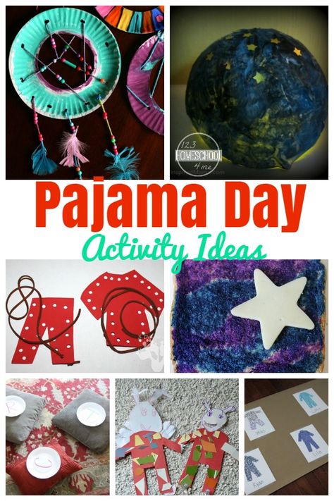 Pajama Day kids activities - These are so much fun for preschool, kindergarten, and homeschool age kids to have a fun school day. Perfect for Festival of Sleep Day on January 3rd. (kids activities) Pajama Party Preschool, Pajama Party Crafts, Pj Day Activities For Kids, Pyjama Day Activities Preschool, Pyjama Day Activities, Pajama Day Activities Preschool, School Pajama Day, Pajama Day Activities, Pajama Party Kids