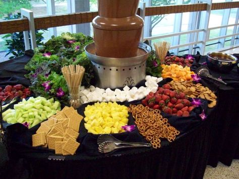 Chocolate Fountain and Fruit Display Fruit Display Tables, Fondue Bar, Chocolate Fountain Wedding, Chocolate Fountain Bar, Fruit Display Wedding, Chocolate Fountain Recipes, Fruit Kabob, Chocolate Fondue Fountain, Fondue Fountain