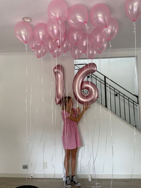 Pajama Party Sweet 16, Pink Birthday Party Backdrop, Pink Bday Balloons, Things To Have At A Sweet 16, Pink Sweet 16 Balloons, Sweet 16 At Home Party Ideas Pink, Pink Out Sweet 16, Sweet 16 Aesthetic Party Pink, Sweet 16 Small Party