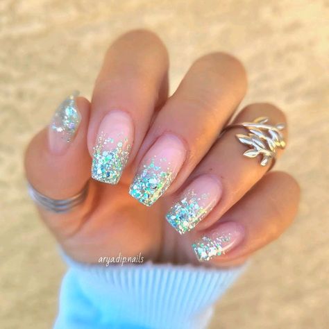 Beach Bride Nails, Wedding Beach Nails, Beach Glitter Nails, Glitter Vacation Nails, Beachy French Tip Nails, Summer Nails Glitter Sparkle, Beachy Dip Nails, Cornwall Nails, Coastal Nails Designs