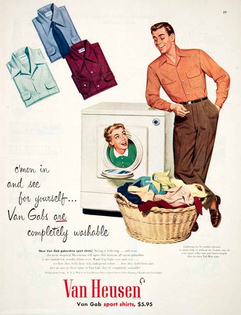 Van Heusen ad 1951 Vintage Laundry Ads, Vintage Housewife, Postal Vintage, Retro Housewife, Vintage Laundry, Sport Shirts, Domestic Goddess, Sports Uniforms, Vintage Life