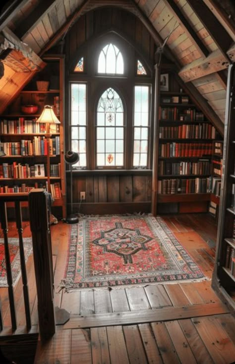 Harry Potter Attic Room, 19th Century Library, Dark Academia Attic, Victorian Barndominium, Writing Nook Ideas, Victorian Home Decor Modern, Victorian House Aesthetic, Stone Library, Library Attic