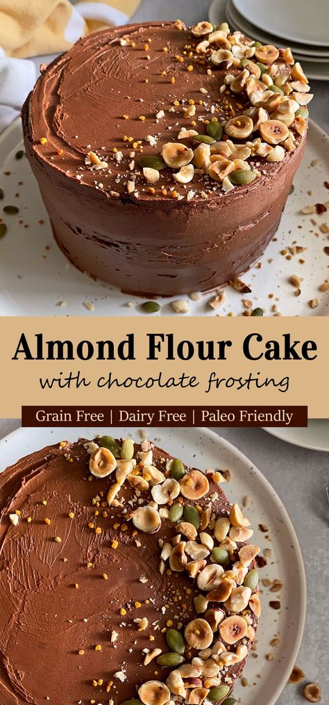 This homemade Paleo vanilla cake is made with almond flour and covered in a dark chocolate frosting. It is grain free, dairy free and refined sugar free - perfect as a healthy Paleo birthday cake or celebratory dessert. #almondflourcake #birthdaycake #paleocake #grainfreecake #vanillacake Paleo Caramel Cake, Paleo German Chocolate Cake, Paleo Fruit Cake, Paleo Birthday Cake Recipe, Grain Free Birthday Cake, Whole 30 Birthday Cake, Aip Birthday Cake Recipes, Grain Free Cake Recipe, Paleo Almond Flour Recipes