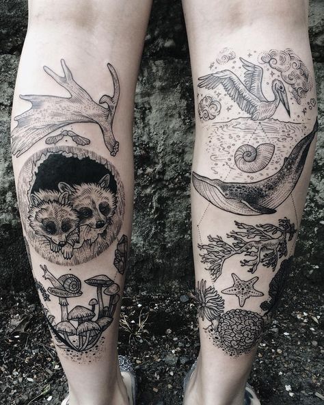 “Forest vs ocean calves: raccoons, moose antler, maple key, mushrooms  And pelican, spiral shell, blue whale, leafy sea dragon, and coral.  Thanks…” Pony Reinhardt, Etching Tattoo, Moose Antlers, Line Work Tattoo, 1 Tattoo, Nature Tattoos, Skin Art, Piercing Tattoo, Animal Tattoos