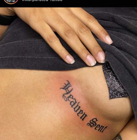 Mini Neck Tattoos Women, Rare Tramp Stamp, Word Tramp Stamp Tattoos, Tramp Stamp Words, Inner Ankle Tattoos For Women, Simple Chest Tattoos Female, Classy Tramp Stamp, Heaven Sent Tattoo, Tramp Stamp Tattoos Black Women