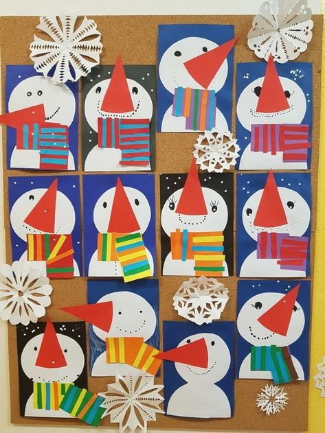 January Art Crafts For Kids, Snowman Crafts Kindergarten, Prek Winter Art, Winter Bulletin Boards Kindergarten, January Prek Crafts, Winter Kindergarten Art, Winter Preschool Bulletin Boards, Snow Man Crafts, Winter Paper Crafts For Kids