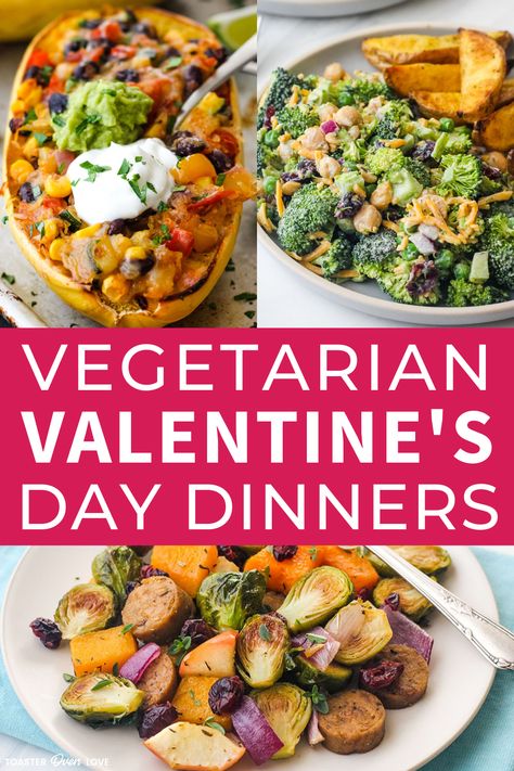 Plates of stuffed spaghetti squash, broccoli salad, and roasted veggies with vegetarian sausage. Romantic Vegetarian Dinner, Healthy Valentines Dinner, Valentines Food Dinner, Night Dinner Recipes, Date Night Recipes, Romantic Meals, Romantic Dinner Recipes, Valentine Dinner, Valentines Day Dinner