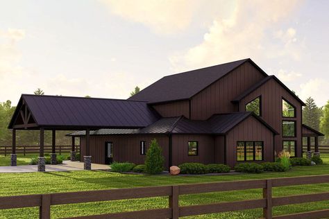 This two-story Country home plan presents a barn-like exterior with a large wraparound porch and carport extending from either side. A two-story ceiling crowns the combined dining and living rooms which flow into the island kitchen. A large window rests above the double-bowl sink and overlooks the front porch. The master bedroom boasts a deluxe ensuite with a separate tub and tile shower, along with a dresser island in the walk-in closet and a shortcut that leads to the laundry room. A craft roo Covered Wrap Around Porch, Barn Home Plans, Pole Barn Home, Barn Plan, Carport Plans, Wraparound Porch, House Redo, Barn Style House Plans, Modern Barn House