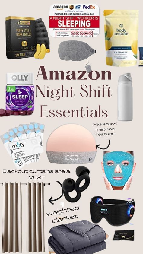 Amazon finds: night shift essentials. Sleeping eye mask, hatch alarm clock, gel eye pads, sound machine, Olly sleep supplement,  round ear plugs, blackout curtains, weighted blanket, caffeine gum Nurse Work Bag, Cna Jobs, Working Night Shift, Nursing Goals, New Grad Nurse, Nursing School Motivation, Night Shift Nurse, Nurse Aesthetic, Night Nurse