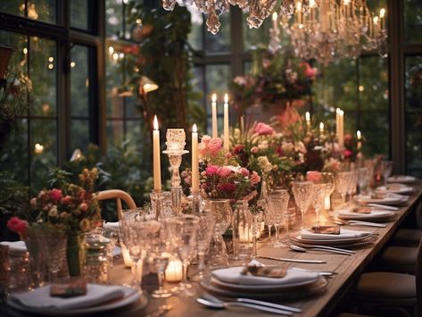 garden party themed dinner party, candles, flowers, and fancy glasses on a pretty table Classy Fancy Birthday Party, Old Money Dinner Party, Fancy Dinner Party Aesthetic, Fancy Birthday Dinner, Fancy Dinner Aesthetic, Luxury Dinner Party, Dinner Party Candles, Engagement Dinner Party, French Dinner Parties