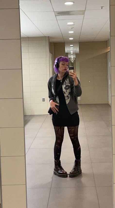 Goth Doc Martens Outfit, Misfits Jacket, Purple Mullet, Purple Doc Martens, Ripped Tights, 80s Goth, Doc Martens Outfit, Thrift Inspo, Lydia Deetz