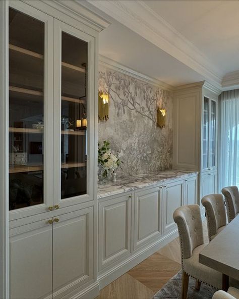 Built In Buffet Dining Room With Window, Dining Room Wall Cabinets Built Ins, Formal Dining Room Built Ins, Built In Credenza Dining Rooms, Dining Room Bar Built In, Living Room Designs French, Dinning Room Storage, Built In China Cabinet Dining Room, Built In Sideboard Dining Room