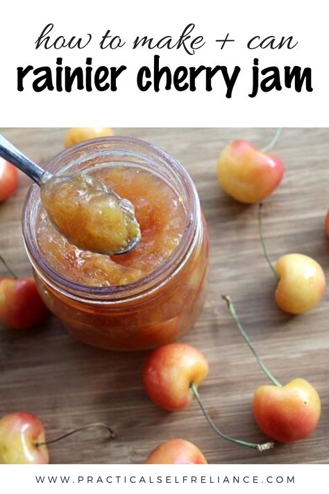 Rainier cherries are a real treat, but they have such a short season.  Homemade rainier cherry jam allows you to preserve their unique flavor and enjoy it all year round.  It’s very different from most cherry jams, and tastes bright, with notes of citrus.  It almost tastes more like apricot jam than cherry, but that’s still not quite right.  Rainier cherry jam is something you have to really taste to understand, but that’s easy enough because it only takes a few minutes to make at home. Rainier Cherry Recipes, Cherry Canning Recipes, Cherry Freezer Jam, Cherry Jam Recipe, Preserving Fruit, Herbs Recipes, Jelly Maker, Cherry Jam Recipes, Rainier Cherries