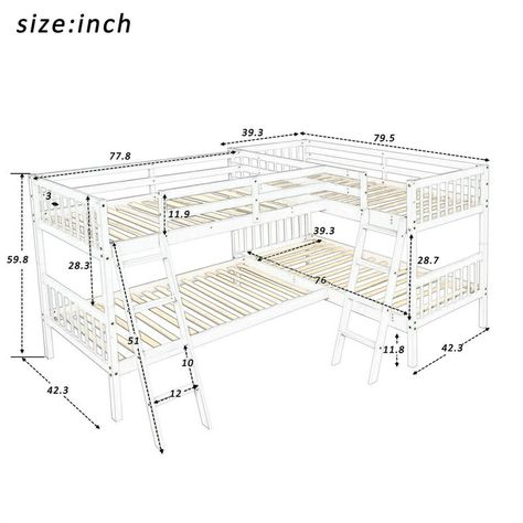 L-Shaped Twin-Over-Twin Bunk Bed with 2 Ladders, Bunk Bed for 4 Kids Teens Adults, Four in One Bunk Bed with Full-length Guardrail, Wooden Quad Corner Bunk Bed Frame, No Box Spring Needed, White - Walmart.com L Shaped Beds, Corner Bunk Beds, L Shaped Bunk Beds, Bed With Ladder, Triple Bunk Bed, Triple Bunk, Bunk Beds With Drawers, Twin Size Loft Bed, Wooden Bunk Beds