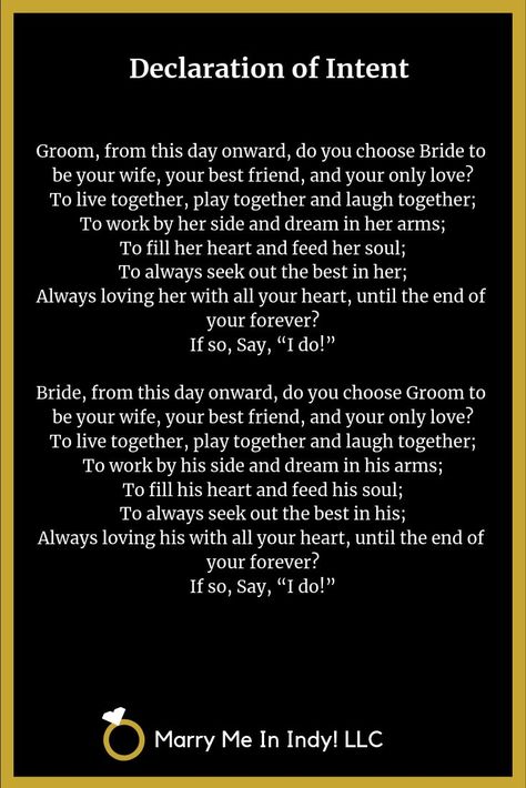 Declaration of Intent and Wedding Vows for your wedding ceremony. Modern Declaration Of Intent Wedding, Wedding Vows Officiant Reads, Wedding Ceremony Declaration Of Intent, Declaration Of Intent Wedding Examples, Wedding Vows Repeat After Me, Wedding Declaration Of Intent, Repeat After Me Vows, Declaration Of Intent Wedding Wording, Wedding Vows For Officiant