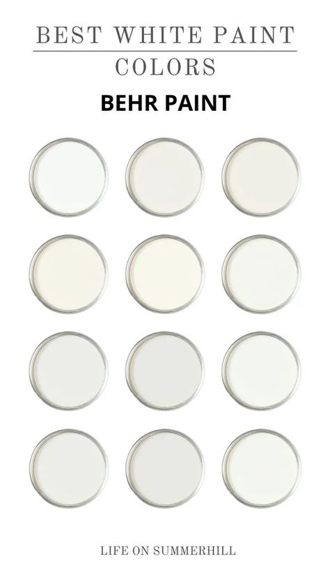 Here are the best Behr whites paint colors. After years of designing homes here are designer favorite Behr white paint colours. Great for trim, walls, doors, cabinets, furniture and more. Behrs paint colors living room, bedroom, Behr paint for kitchen cabinets, Behr paint for interior cabinet and more. Use these colors for a paint aesthetic. Including a Behr paint colors chart for interior paint colors, exterior apitn colors, interior paint ideas, interior paint colors for house Behr Paint Color Pallettes, Whole House Paint Behr, Behr Primer, Behr Melting Icicles, Polar Bear White Paint Behr Living Rooms, Canyon Wind Paint Behr Bedroom, Angelico Behr Paint, Behr Ancient Ivory, Gallery White Paint Behr