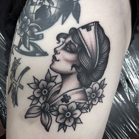 Nurse lady for nurse Chloe 🖤 Thankyou lovely! #nurse #nursetattoo #ladytattoo #ladyface Traditional Tattoo Nurse, Redemption Tattoo, Nurse Tattoo, Medical Tattoo, Traditional Tattoo Designs, Traditional Style Tattoo, Wicked Tattoos, Spooky Tattoos, Sketch Tattoo Design