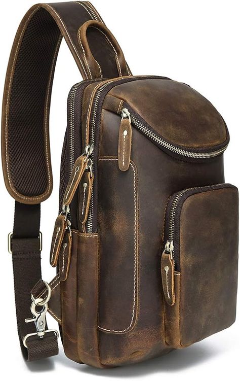 Amazon.com | LANNSYNE Vintage Full Grain Leather Sling Bag Crossbody Chest Daypack | Casual Daypacks Leather Sling Bag Men, Leather Tool Belt, Sling Bag Men, Leather Backpack For Men, Leather Crafting, Leather Sling Bag, Mens Wallet, Tool Belt, Mens Leather Bag