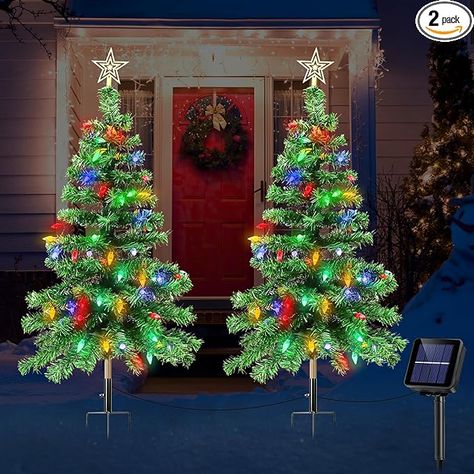 ReyeeInc Solar Christmas Trees with Lights, 1000mA Solar Powered Waterproof 3.6FT Outside Xmas Tree Stake with 100 LEDs and 8 Modes for Unique Outdoor Yard Pathway Garden Grave Decorations (2 in 1) - Amazon.com Porch Xmas Tree, Outdoor Xmas Tree, Solar Christmas Decorations, Trees With Lights, Solar Christmas Tree, Pathway Garden, Xmas Tree Lights, Tree Stakes, Grave Decorations