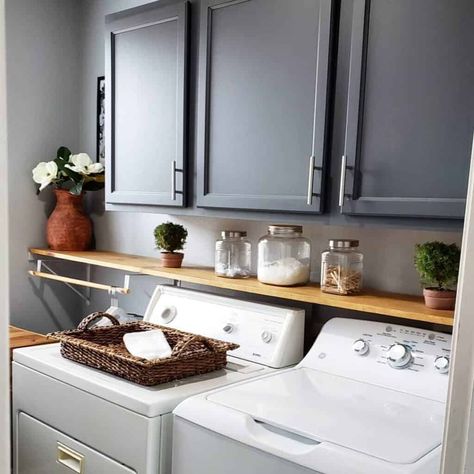 Bright and Modern Farmhouse Staircase With Black Balusters - Soul & Lane Modern Shower Tile, Black Bathroom Floor, Brown Couch Living Room, Small Laundry Room Makeover, Black Kitchen Island, White Shaker Cabinets, Laundry Room Remodel, Laundry Room Cabinets, Small Laundry Room