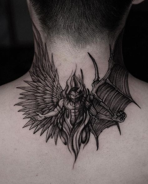 35 of the most glorious neck tattoos! - Body Artifact Occult Back Tattoo, Spooky Neck Tattoo, Dark Neck Tattoo Men, Demon Neck Tattoo, Dark Shoulder Tattoo, Devil Back Tattoo, Spiritual Neck Tattoo, Shoulder And Neck Tattoo, Demonic Tattoos For Men