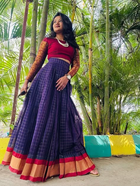 Crop Top Lehenga Pattu Saree, Long Skirt And Top From Old Saree, Narayanpet Crop Top Lehenga, Crop Top Lehenga With Saree, Paavadai Satai Women, Traditional Langa Blouse For Women, Pattu Skirt And Crop Top, Patu Saree Long Frocks, Pattu Crop Top Lehenga Designs