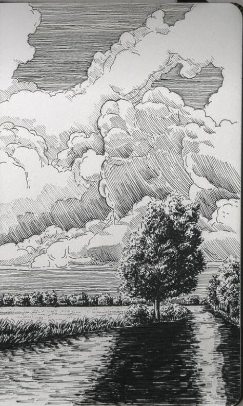 Fineliner Landscape, Rapid Art, Rapid Drawing, Ink Clouds, Fineliner Drawing, Tank Drawing, Trees Drawing, Sketch Landscape, Perspective Sketch