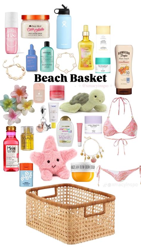 Beach Basket Ideas, Self Care Baskets, Card Party Ideas, Beach Gift Basket, Preppy Coconut Girl, Bucket List For Summer, Preppy Bday, Tanning Supplies, Cute Gift Baskets