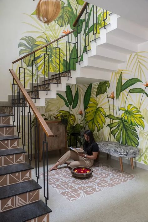 Simple Bed Designs, Staircase Interior Design, Stair Wall, Palm Leaf Wallpaper, Staircase Wall, Stair Case, Home Stairs Design, Casa Container, Inspire Me Home Decor