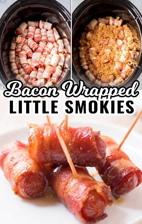 Bacon Wrapped Little Smokies Crockpot, Smokies In Crockpot, Baby Shower Snack Ideas, Crockpot Party Food, Wrapped Smokies, Bacon Wrapped Smokies, Little Smokies, Slow Cooker Bacon, Crostini Appetizers