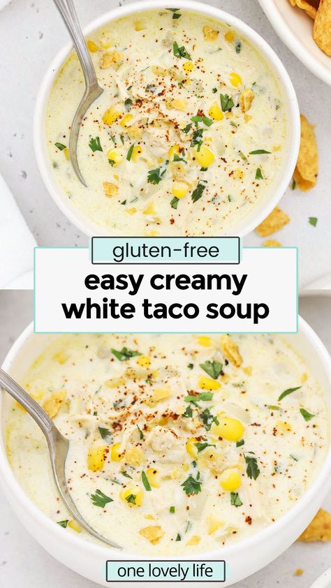 Soup No Tomatoes, Gluten Free Taco Soup, Creamy Taco Soup Recipe, Cheesy Taco Soup, Creamy Chicken Taco Soup, Creamy Taco Soup, Chicken Taco Soup Recipe, Gluten Free Soup Recipes Glutenfree, Gluten Free Comfort Food