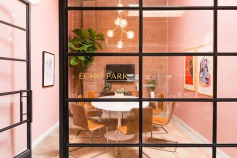 Pink OFFICE Hutch office Office Space Design Creative, Event Planner Office, Boring Office, Office Design Trends, Startup Office, Marketing Office, Sleek Office, Creative Office Space, Cool Office Space