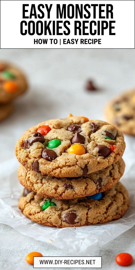 Bake the best Monster Cookies with this simple recipe! Packed with M&M candies, chocolate chips, and oats, these cookies are chewy, delicious, and perfect for any occasion. Monster Cookies Without Oats, Chewy M M Cookies Recipe, Amish Monster Cookies, Mini Monster Cookies, Cookie Recipe Without Baking Soda, Mnm Cookies Recipe, Easy Monster Cookies, Best M&m Cookie Recipe, Best Monster Cookies