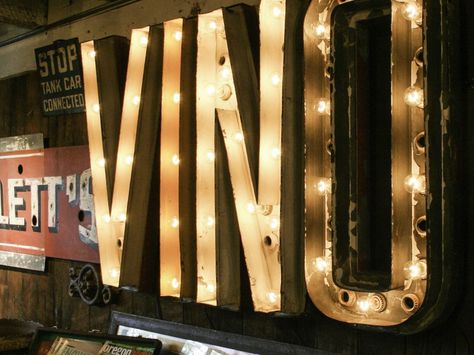 The third in our series of vintage marquee letter signs: VINO! Industrial Lights, Letter Lights, Lighted Marquee Letters, Vintage Letters, Vintage Marquee, Bar Designs, Twelfth Night, Lightbulbs, Light Letters