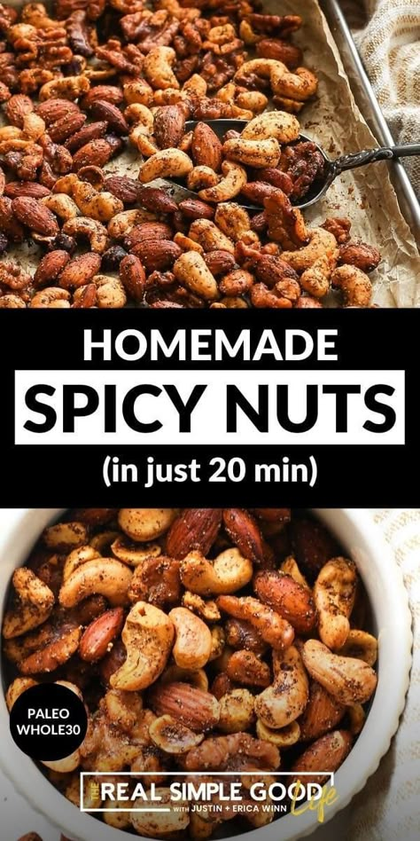 Spicy Nuts Recipe, Roasted Nuts Recipe, Spiced Nuts Recipe, Seasoned Nuts, Spicy Nuts, Trail Mix Recipes, Snack Mixes, Nut Snacks, Snack Mix Recipes