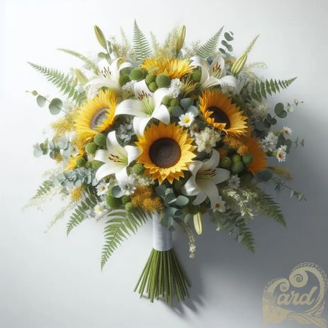 https://card9.com/ai/yellow-sunflower-wedding-bouquet Sunflower And Lily Bouquet, Sunflower And Daisy Bouquet, Sunflowers And Lilies, Yellow Flowers Bouquet, Tulip Wedding, Sunflower Wedding Bouquet, Sunflower Themed Wedding, Mini Sunflowers, Bridal Sunflowers