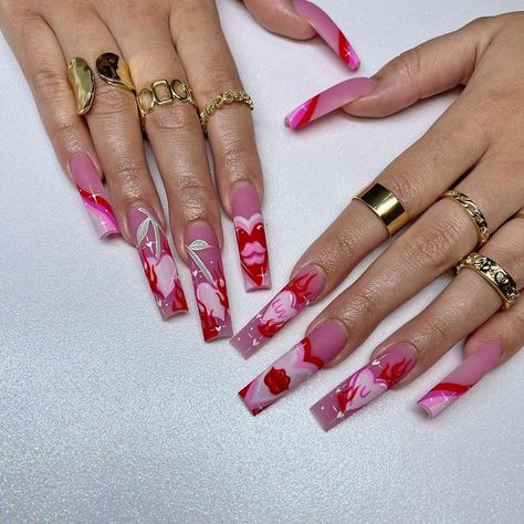 Dramatic Valentines Nails, Detailed Valentines Nails, Valentines Nails Stiletto, Valentines Day Nails Initials, Extreme Nails Designs, Extreme Nail Art, Nails Initials, 2023 Nails Ideas, Valentines Nail Art