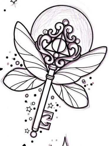 Flying Key Tattoo, Key Tattoo, Dragon Tattoos, Harry Potter Tattoos, Harry Potter Tattoo, Harry Potter Drawings, Tattoo Outline, Mini Drawings, Disney Tattoos