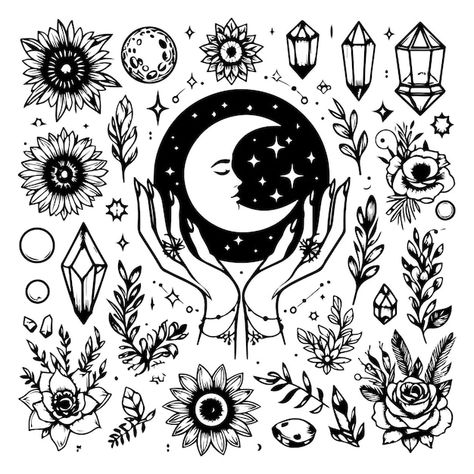 Download this Premium AI-generated vector about With hands and Mystical boho moon isolated cliparts bundle celestial crystals and flowers magic, and discover more than 15 million professional graphic resources on Freepik Celestial Doodles, Celestial Symbols Art, Boho Celestial Art, Celestial Svg, Mystical Clipart, Celestial Elements Illustration, Celestial Crystal, Boho Moon, Graphic Resources